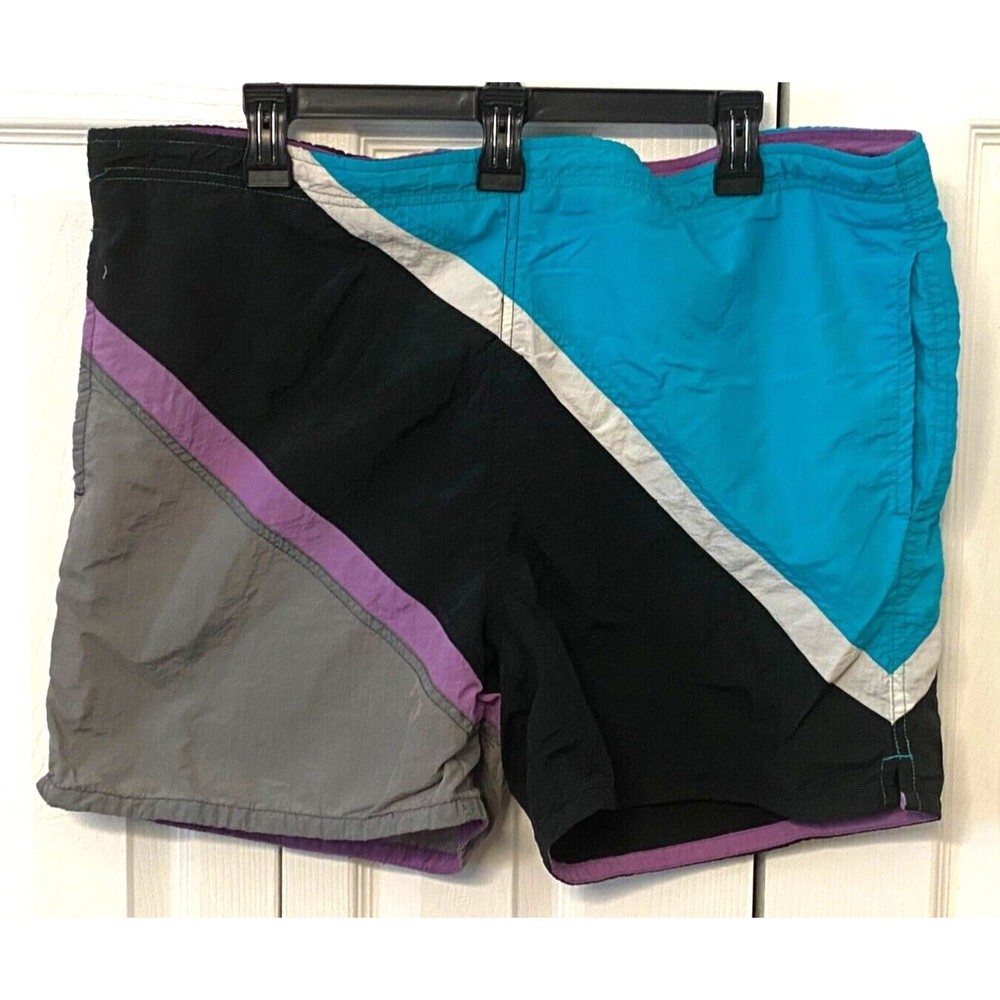 Vtg 90's Breezy Point USA Men's L (36-38) Swim Trunks Shorts Colorblock Striped